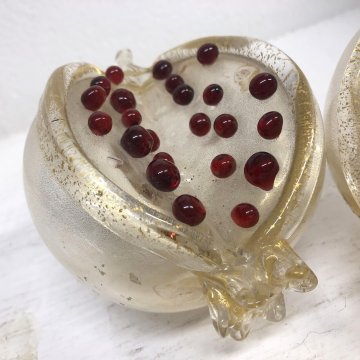 ANTICA COPPIA FRUTTO MELOGRANO VETRO SOFFIATO MURANO TRASPARENTE FOGLIA ORO '50s