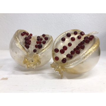 ANTICA COPPIA FRUTTO MELOGRANO VETRO SOFFIATO MURANO TRASPARENTE FOGLIA ORO '50s