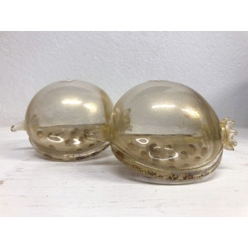 ANTICA COPPIA FRUTTO MELOGRANO VETRO SOFFIATO MURANO TRASPARENTE FOGLIA ORO '50s