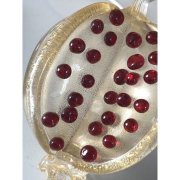 ANTICA COPPIA FRUTTO MELOGRANO VETRO SOFFIATO MURANO TRASPARENTE FOGLIA ORO '50s