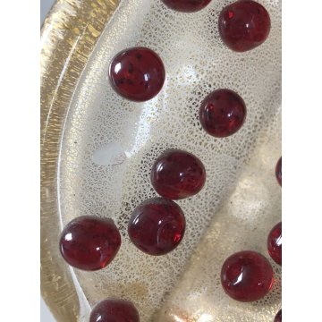 ANTICA COPPIA FRUTTO MELOGRANO VETRO SOFFIATO MURANO TRASPARENTE FOGLIA ORO '50s
