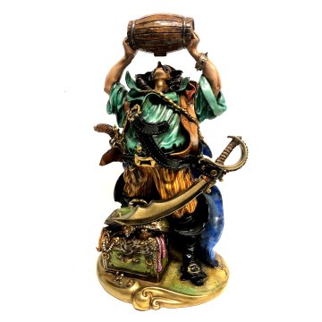 GRANDE SCULTURA CERAMICA SMALTATA Batignani 97 CORSARO PIRATA h53 BOTTE FORZIERE