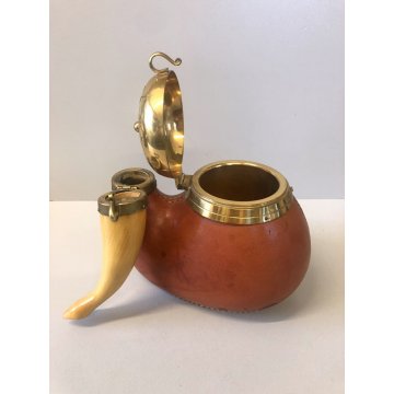 ANTICA PIPA PORTA TABACCO ALDO TURA MACABO' VINTAGE LEGNO CUOIO OTTONE ANNI '40