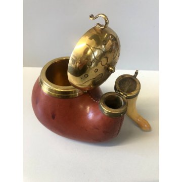 ANTICA PIPA PORTA TABACCO ALDO TURA MACABO' VINTAGE LEGNO CUOIO OTTONE ANNI '40