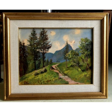 QUADRO DIPINTO OLIO TAVOLA Edoardo Nicolello PAESAGGIO MONTANO SENTIERO 800/900