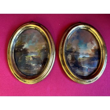 ANTICA COPPIA MINIATURA OVALE cornice oro PAESAGGIO dipinto olio FIRMATE h 22 cm