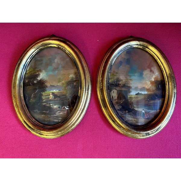 ANTICA COPPIA MINIATURA OVALE cornice oro PAESAGGIO dipinto olio FIRMATE h 22 cm