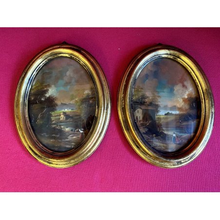 ANTICA COPPIA MINIATURA OVALE cornice oro PAESAGGIO dipinto olio FIRMATE h 22 cm