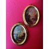 ANTICA COPPIA MINIATURA OVALE cornice oro PAESAGGIO dipinto olio FIRMATE h 22 cm