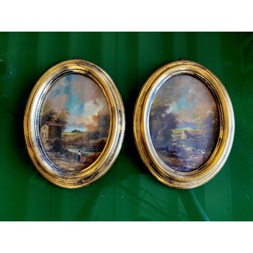 ANTICA COPPIA MINIATURA OVALE cornice oro PAESAGGIO dipinto olio FIRMATE h 22 cm