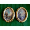 ANTICA COPPIA MINIATURA OVALE cornice oro PAESAGGIO dipinto olio FIRMATE h 22 cm