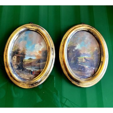 ANTICA COPPIA MINIATURA OVALE cornice oro PAESAGGIO dipinto olio FIRMATE h 22 cm