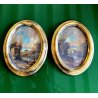 ANTICA COPPIA MINIATURA OVALE cornice oro PAESAGGIO dipinto olio FIRMATE h 22 cm