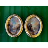 ANTICA COPPIA MINIATURA OVALE cornice oro PAESAGGIO dipinto olio FIRMATE h 22 cm