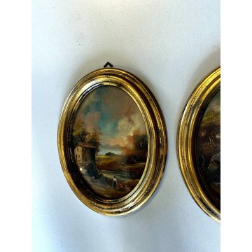 ANTICA COPPIA MINIATURA OVALE cornice oro PAESAGGIO dipinto olio FIRMATE h 22 cm