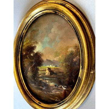 ANTICA COPPIA MINIATURA OVALE cornice oro PAESAGGIO dipinto olio FIRMATE h 22 cm