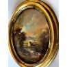 ANTICA COPPIA MINIATURA OVALE cornice oro PAESAGGIO dipinto olio FIRMATE h 22 cm