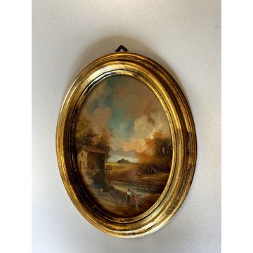 ANTICA COPPIA MINIATURA OVALE cornice oro PAESAGGIO dipinto olio FIRMATE h 22 cm