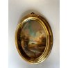 ANTICA COPPIA MINIATURA OVALE cornice oro PAESAGGIO dipinto olio FIRMATE h 22 cm