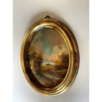 ANTICA COPPIA MINIATURA OVALE cornice oro PAESAGGIO dipinto olio FIRMATE h 22 cm
