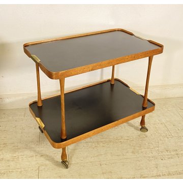CARRELLO BAR ESPOSITORE ROTELLE DESIGN ANNI 60 LEGNO OTTONE VINTAGE 2 RIPIANI