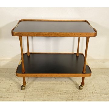 CARRELLO BAR ESPOSITORE ROTELLE DESIGN ANNI 60 LEGNO OTTONE VINTAGE 2 RIPIANI