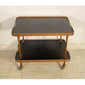 CARRELLO BAR ESPOSITORE ROTELLE DESIGN ANNI 60 LEGNO OTTONE VINTAGE 2 RIPIANI