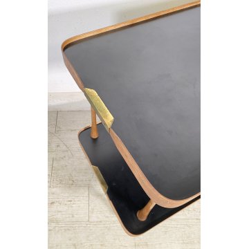 CARRELLO BAR ESPOSITORE ROTELLE DESIGN ANNI 60 LEGNO OTTONE VINTAGE 2 RIPIANI
