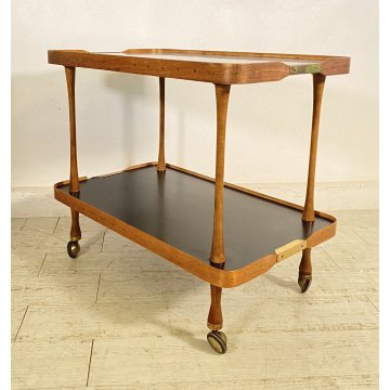 CARRELLO BAR ESPOSITORE ROTELLE DESIGN ANNI 60 LEGNO OTTONE VINTAGE 2 RIPIANI