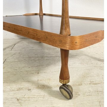 CARRELLO BAR ESPOSITORE ROTELLE DESIGN ANNI 60 LEGNO OTTONE VINTAGE 2 RIPIANI