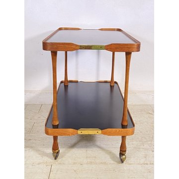 CARRELLO BAR ESPOSITORE ROTELLE DESIGN ANNI 60 LEGNO OTTONE VINTAGE 2 RIPIANI