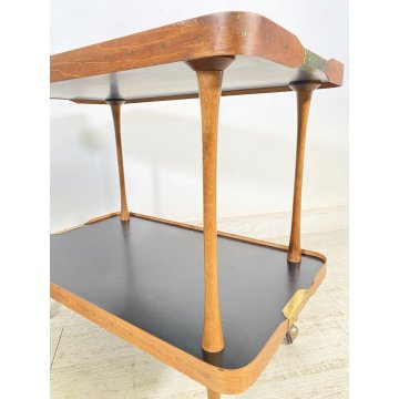 CARRELLO BAR ESPOSITORE ROTELLE DESIGN ANNI 60 LEGNO OTTONE VINTAGE 2 RIPIANI