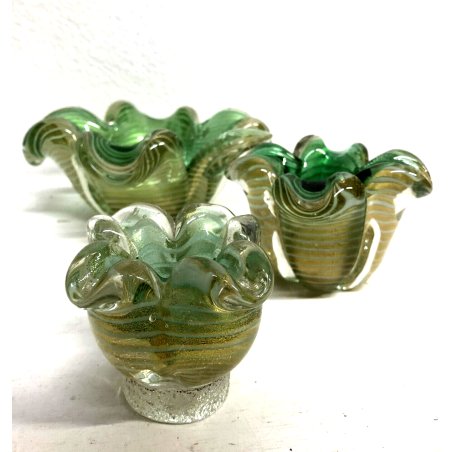 SET 3 VASO VETRO MURANO SOFFIATO BLOWN GLASS VERDE ORO BAROVIER & TOSO '40