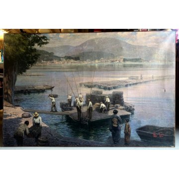 ANTICO GRANDE QUADRO DIPINTO OLIO PAESAGGIO MARINA Giappone ALLEVAMENTO OSTRICHE