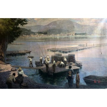 ANTICO GRANDE QUADRO DIPINTO OLIO PAESAGGIO MARINA Giappone ALLEVAMENTO OSTRICHE