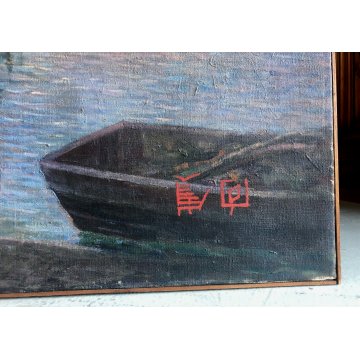 ANTICO GRANDE QUADRO DIPINTO OLIO PAESAGGIO MARINA Giappone ALLEVAMENTO OSTRICHE