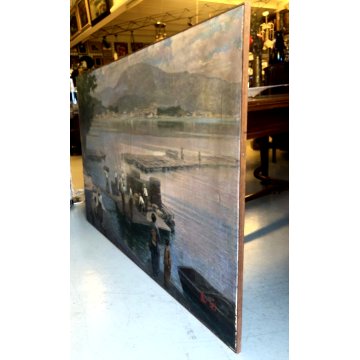 ANTICO GRANDE QUADRO DIPINTO OLIO PAESAGGIO MARINA Giappone ALLEVAMENTO OSTRICHE