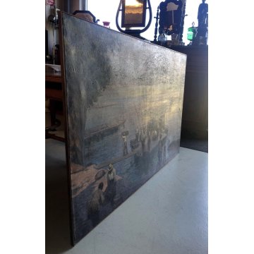 ANTICO GRANDE QUADRO DIPINTO OLIO PAESAGGIO MARINA Giappone ALLEVAMENTO OSTRICHE