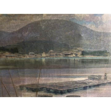 ANTICO GRANDE QUADRO DIPINTO OLIO PAESAGGIO MARINA Giappone ALLEVAMENTO OSTRICHE
