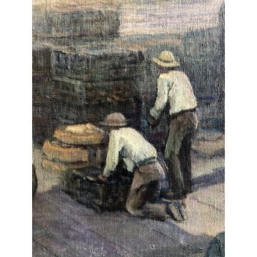 ANTICO GRANDE QUADRO DIPINTO OLIO PAESAGGIO MARINA Giappone ALLEVAMENTO OSTRICHE