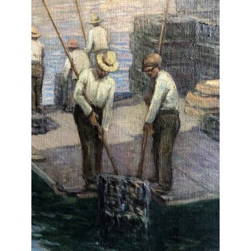 ANTICO GRANDE QUADRO DIPINTO OLIO PAESAGGIO MARINA Giappone ALLEVAMENTO OSTRICHE