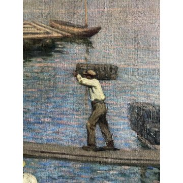 ANTICO GRANDE QUADRO DIPINTO OLIO PAESAGGIO MARINA Giappone ALLEVAMENTO OSTRICHE