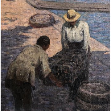 ANTICO GRANDE QUADRO DIPINTO OLIO PAESAGGIO MARINA Giappone ALLEVAMENTO OSTRICHE