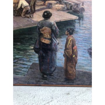 ANTICO GRANDE QUADRO DIPINTO OLIO PAESAGGIO MARINA Giappone ALLEVAMENTO OSTRICHE