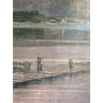 ANTICO GRANDE QUADRO DIPINTO OLIO PAESAGGIO MARINA Giappone ALLEVAMENTO OSTRICHE