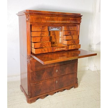 ANTICO SECRETAIRE BIEDERMEIER DOPPIO CORPO 1800 NOCE MOGANO RIBALTA SCRITTOIO