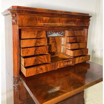 ANTICO SECRETAIRE BIEDERMEIER DOPPIO CORPO 1800 NOCE MOGANO RIBALTA SCRITTOIO