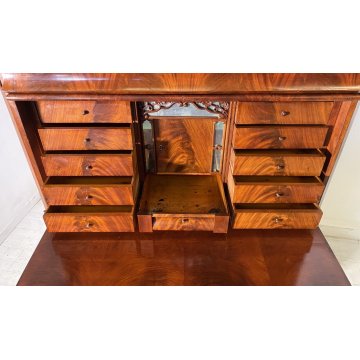 ANTICO SECRETAIRE BIEDERMEIER DOPPIO CORPO 1800 NOCE MOGANO RIBALTA SCRITTOIO