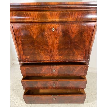 ANTICO SECRETAIRE BIEDERMEIER DOPPIO CORPO 1800 NOCE MOGANO RIBALTA SCRITTOIO