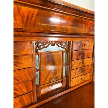 ANTICO SECRETAIRE BIEDERMEIER DOPPIO CORPO 1800 NOCE MOGANO RIBALTA SCRITTOIO